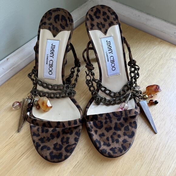 JIMMY CHOO London size 4.5 leopard print heel shoes made in Italy ankle charms - Picture 1 of 11